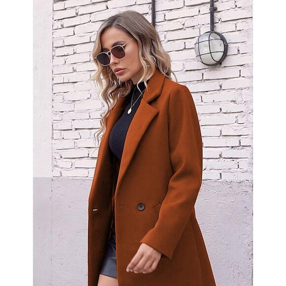 Women's Caramel  Winter Wool Coat Casual Notch Lapel Single-Breasted Peacoat - Picture 5 of 8